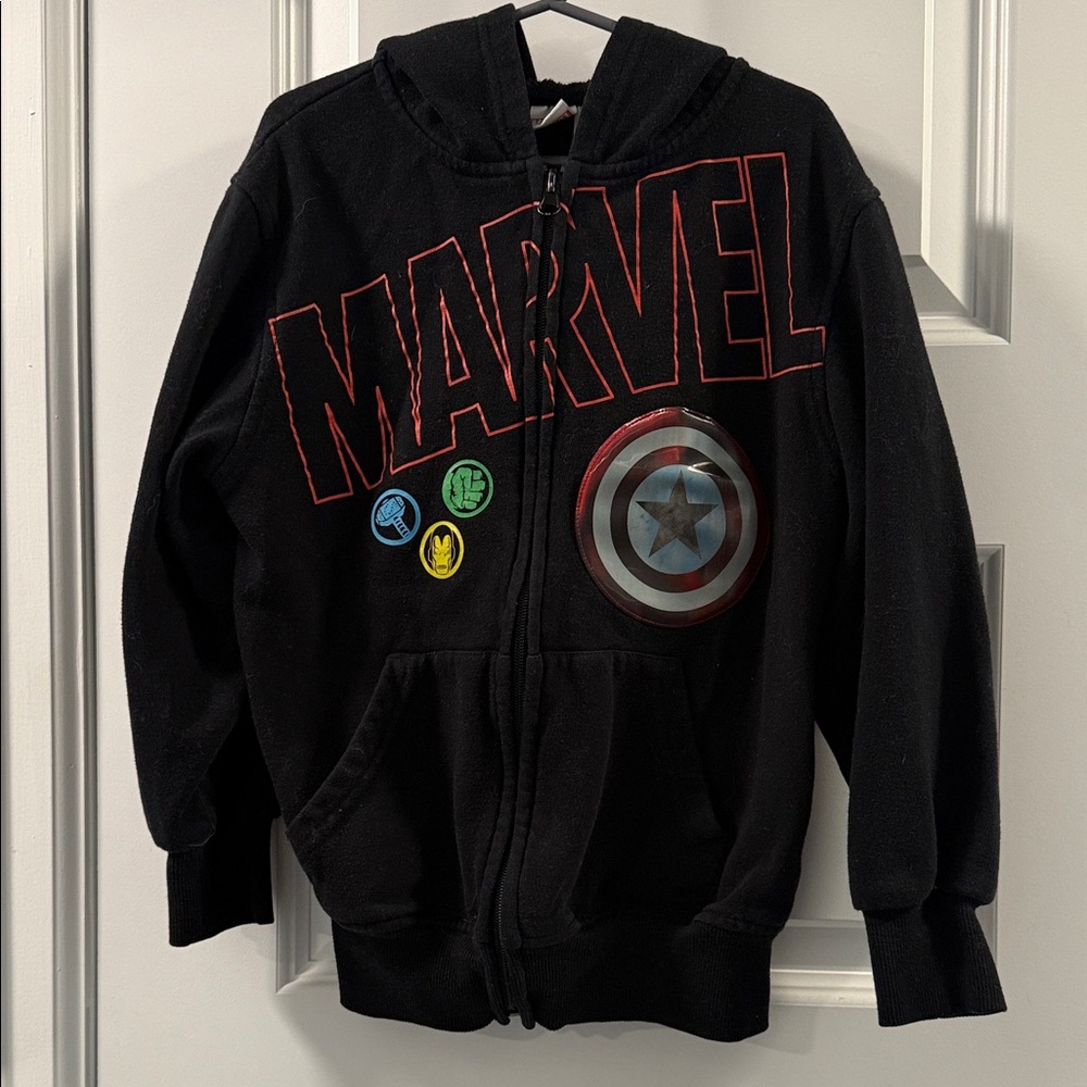 Marvel Black Zip-Up Hoodie with Superhero Emblems boys size 8